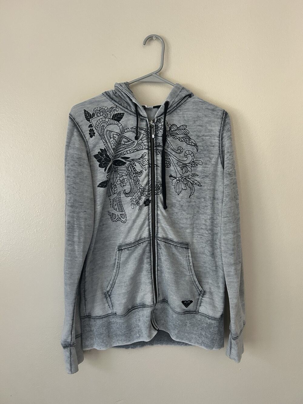 VTG Roxy Y2K Gray Floral Full Zip Hoodie Womens L Fits M Acid Wash Surf Skate
